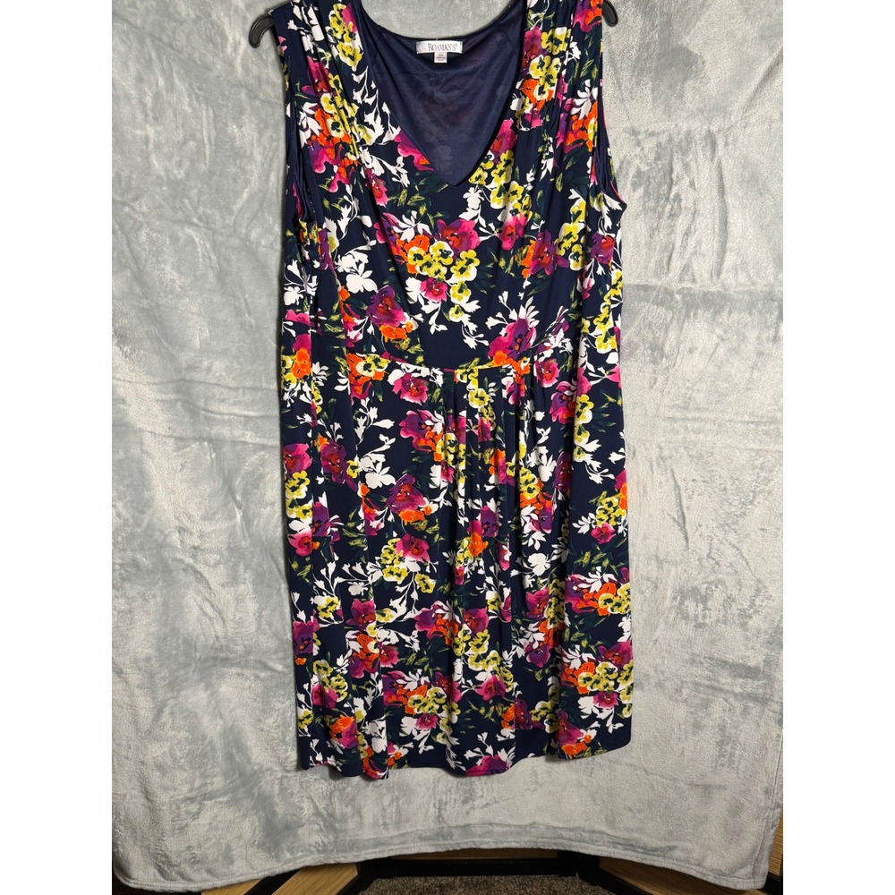 Roaman's Women's Navy Floral V Neck Midi Dress‎ Plus Size 28W blue liner